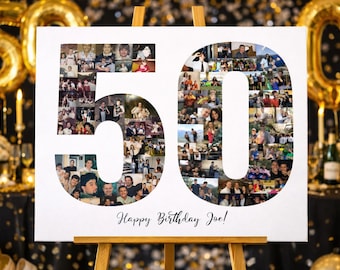 May include: A white canvas print on an easel shows the number "50" filled with photos. The words "Happy Birthday Joe!" are written in cursive below. Gold balloons and candles are in the background, creating a celebratory atmosphere.