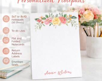 Personalized Floral Notepad, Custom Name Stationery, Pretty Desk Accessory, Teacher Appreciation Gift