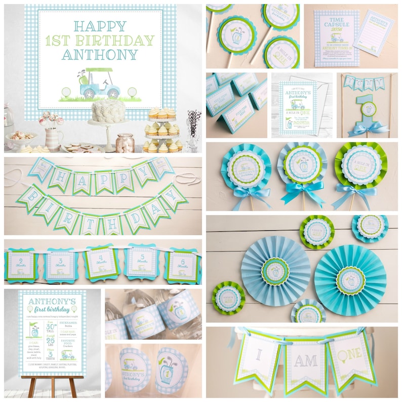 Puede incluir: Un conjunto de imprimibles para una fiesta de primer cumplea&ntilde;os con tem&aacute;tica de golf en colores verde y azul. El conjunto incluye una pancarta, adornos para cupcakes, un cartel y otras decoraciones. La pancarta dice "Feliz cumplea&ntilde;os". El cartel dice "El primer cumplea&ntilde;os de Anthony".