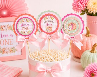Little Pumpkin Centerpiece Sticks, Personalized Pink Fall Table Decorations, First Birthday Party