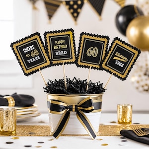 60th Birthday Centerpiece, Personalized Table Decoration, Cheers to 60 Years, Vintage 1966 Party Decor, Black Gold