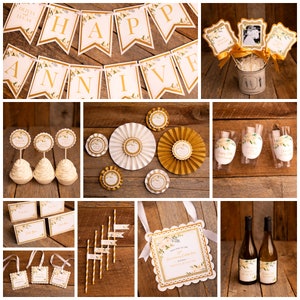 K&ouml;nnte beinhalten: Goldene und wei&szlig;e, blumige Partydekorationen f&uuml;r eine 50. Jubil&auml;umsfeier. Die Dekorationen umfassen ein Banner, Cupcake-Topper, Strohhalme, Weinflaschen und ein Willkommenszeichen. Das Schild lautet "Willkommen zur 50. Jubil&auml;umsfeier von Olivia & Lucas".