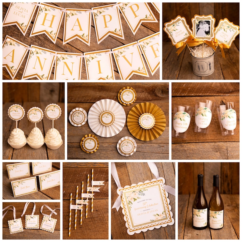 K&ouml;nnte beinhalten: Goldene und wei&szlig;e, blumige Partydekorationen f&uuml;r eine 50. Jubil&auml;umsfeier. Die Dekorationen umfassen ein Banner, Cupcake-Topper, Strohhalme, Weinflaschen und ein Willkommenszeichen. Das Schild lautet "Willkommen zur 50. Jubil&auml;umsfeier von Olivia & Lucas".