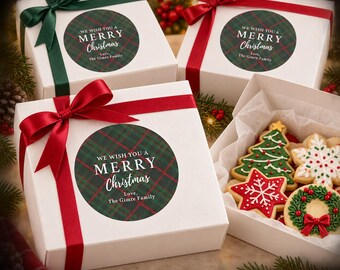 Personalized Christmas Cookie Box Stickers, Plaid Bakery Labels, Family Gift Seals