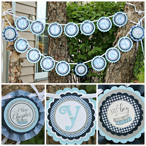 BOOK BABY SHOWER, A New Chapter, Baby's First Library, Baby Boy Book themed shower, Welcome Baby Boy Banner, Blue and Gray Baby Shower Il_570xn