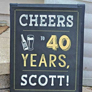 May include: Black chalkboard sign with gold lettering that reads "Cheers to 40 Years, Scott!" with a beer bottle and glass illustration.