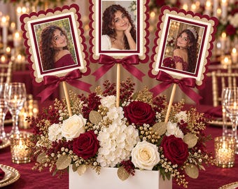 Personalized Quinceañera Photo Centerpiece, Burgundy Gold Mis Quince Table Decor