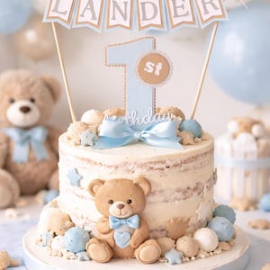 Cake Topper for Teddy Bear 1st Birthday in Pastel Blue and Tan