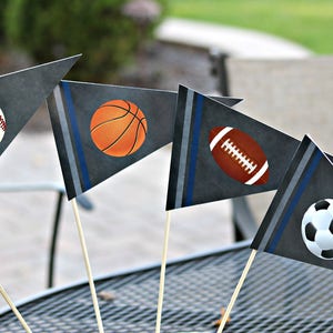 May include: Four gray pennant flags with blue stripes and different sports ball designs. The flags are on wooden sticks and are arranged in a fan shape. The sports balls are a baseball, basketball, football, and soccer ball.