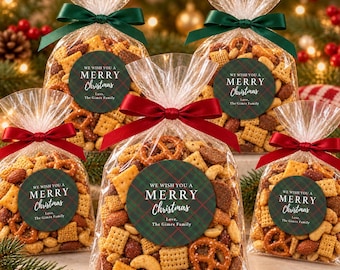 Personalized Christmas Snack Mix Stickers, Holiday Party Mix Labels, Plaid Gift Seals