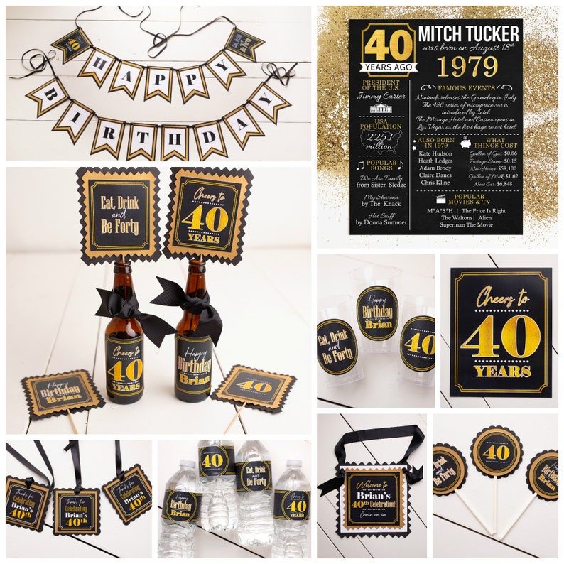 May include: A set of 40th birthday party decorations in black and gold. The decorations include a banner, a sign, a bottle label, a water bottle label, a cup, a tag, and a circle. The decorations feature the number 40 in gold and the words "Cheers to 40 Years".