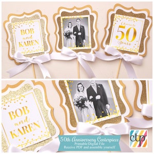 May include: Printable 50th anniversary centerpiece with gold glitter and confetti design. The centerpiece features a photo frame with a black and white photo of a couple, a sign that says "Cheers to 50 Years", and a sign that says "Bob and Karen".