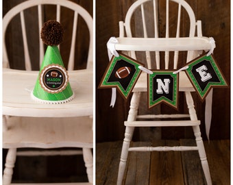 1st Birthday High Chair and Party Hat Set, Birthday Banner, Birthday Hat, Football Party, Son,