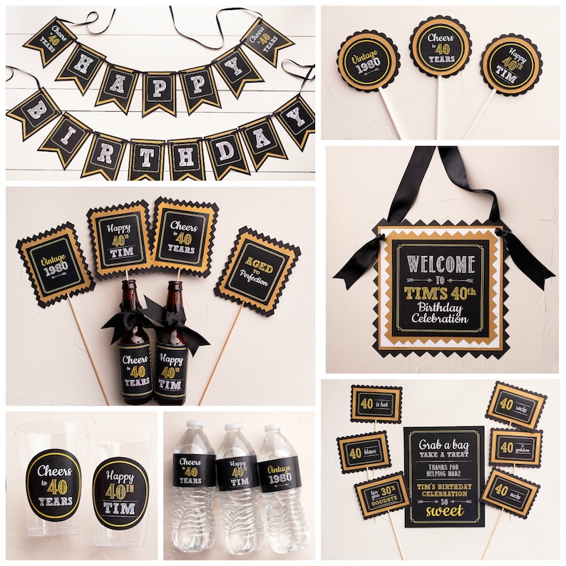 May include: Black and gold party decorations for a 40th birthday celebration. The decorations include a banner, signs, cupcake toppers, and water bottle labels. The text on the decorations says "Happy 40th Birthday", "Cheers to 40 Years", "Happy 40th Tim", "Vintage 1980", and "Aged to Perfection".