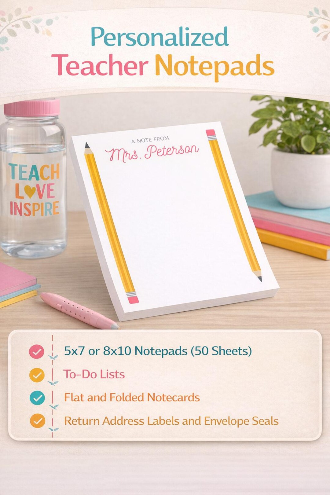 Custom Teacher Notepads Personalized Teacher Notepads, Pencil Design, Personalized With Teacher ...