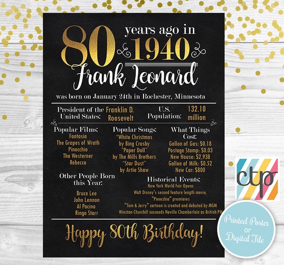 PRINTED 80th birthday poster, Back in 1940, What Happened in 1940, 80th Birthday Decorations, Black and Gold, 80th Party Decor, Vintage 1940 Il_570xn
