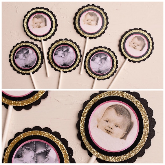Photo Cupcake Toppers, Photo Picks, Milestone Birthday Party Decorations, Black and Gold Il_570xn
