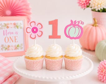 Little Pumpkin Mini Cupcake Toppers, Pink First Birthday Picks, Personalized Party Decor