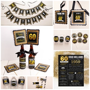 May include: Black and gold 60th birthday party decorations. The set includes a banner, cupcake toppers, bottle labels, water bottle labels, and a sign with a fun fact about the year 1959.