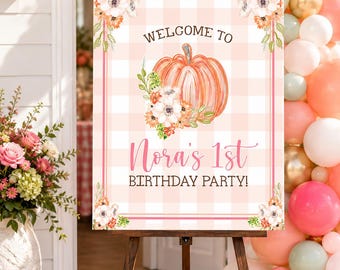 Little Pumpkin Welcome Sign, Personalized Pink First Birthday Entrance Sign