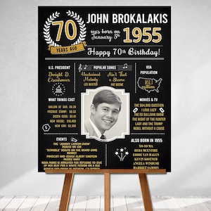 PRINTED 70th birthday poster, Back in 1955, What Happened in 1955, 70th Birthday Decorations, Black and Gold, 70th Party Decor, Vintage 1955