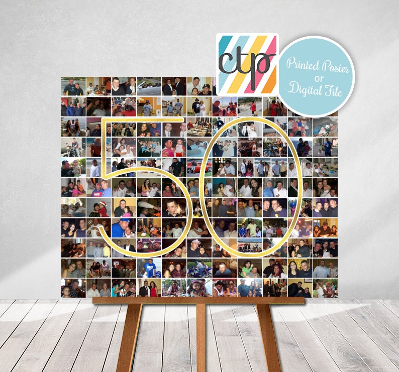 May include: A photo collage in the shape of the number 50, made up of many smaller photos of people. The collage is printed on a poster and displayed on an easel.