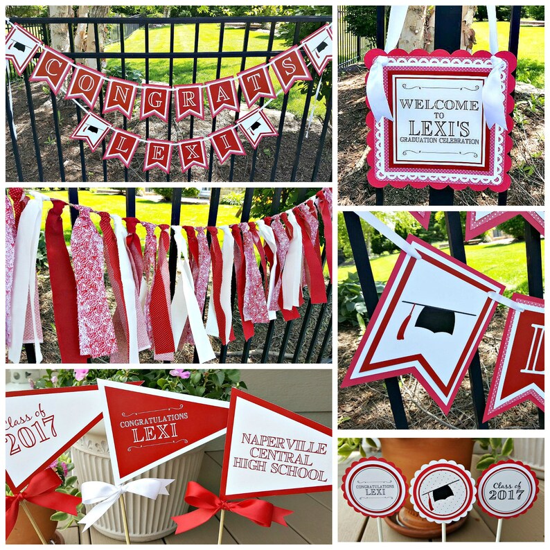 May include: Graduation party decorations in red and white with the name Lexi. Decorations include a banner, pennants, cupcake toppers, and a welcome sign.