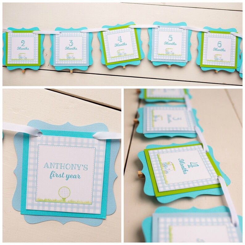May include: A blue and green baby milestone banner with a golf cart theme. The banner has 12 flags, each with a number and the word "Months". The center flag says "Anthony's first year".