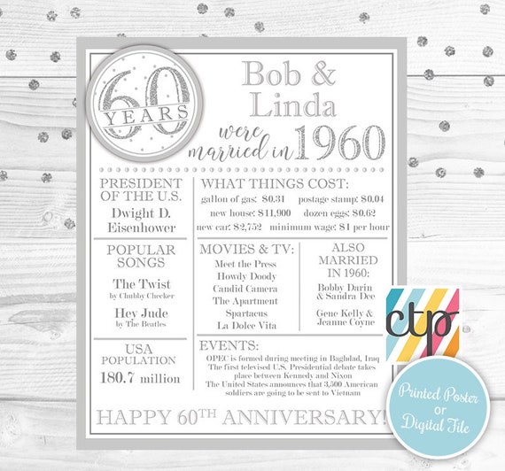 DIAMOND JUBILEE Printed Poster "Were Married in Year", Marriage Board, Back in 1960, What Happened in 1960, 60th Anniversary , Silver Il_570xn