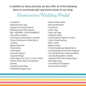 K&ouml;nnte beinhalten: Eine Liste von Hochzeits- und Jubil&auml;ums-Partyartikeln, darunter Einladungen, Dekorationen, Geschenke und personalisierte Artikel. Die Liste ist in zwei Spalten unterteilt, mit der &Uuml;berschrift "Anniversaries/Wedding/Bridal" oben.