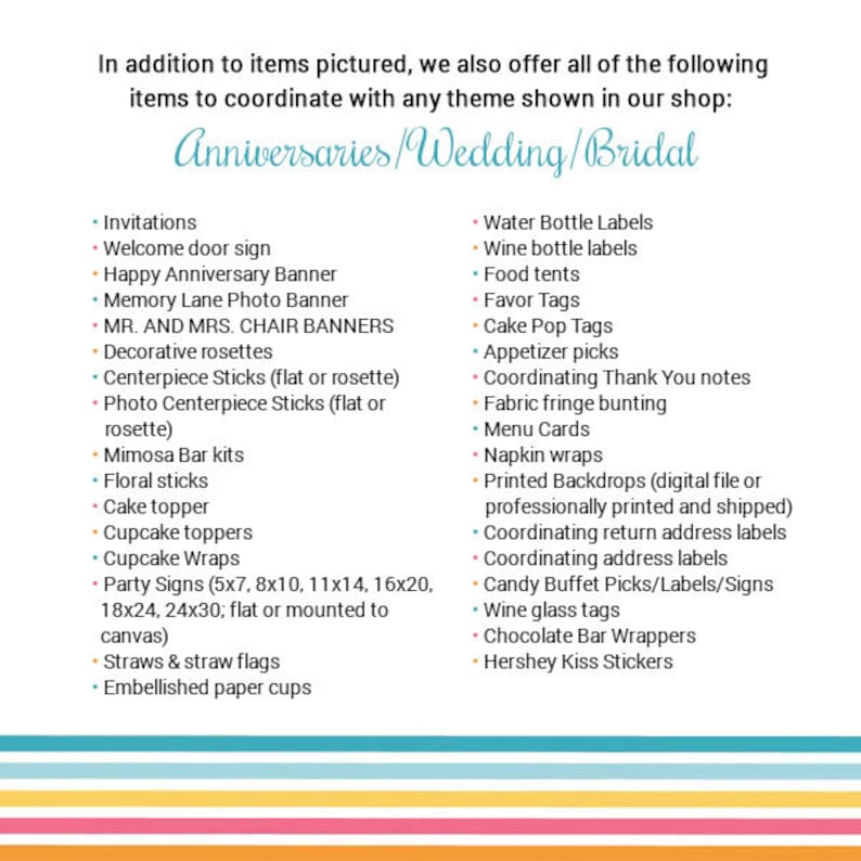K&ouml;nnte beinhalten: Eine Liste von Hochzeits- und Jubil&auml;ums-Partyartikeln, darunter Einladungen, Dekorationen, Geschenke und personalisierte Artikel. Die Liste ist in zwei Spalten unterteilt, mit der &Uuml;berschrift "Anniversaries/Wedding/Bridal" oben.