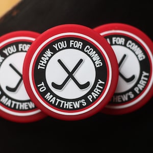 HOCKEY PUCK FAVOR Stickers, Boy Hockey Birthday Party Favor, Hockey Birthday Decorations, Red and Black, Sports Birthday Decoration