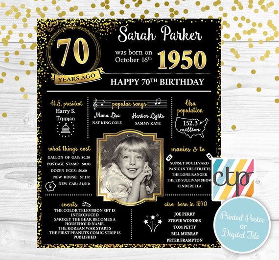 PRINTED 70th birthday poster, Back in 1950, What Happened in 1950, 70th Birthday Decorations, Black and Gold, 70th Party Decor, Vintage 1950 Il_570xn