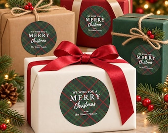 Personalized Christmas Stickers, Plaid Holiday Gift Labels, Custom Family Gift Seals
