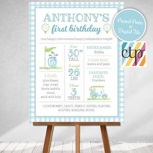May include: A blue and white gingham background with a light blue banner that says "ANTHONY'S first birthday". The banner is decorated with golf balls and a golf club. The banner also includes information about the child's age, height, weight, and other milestones. The text "Printed Poster or Digital File" is in a white circle with a blue border. The text "ctp" is in a colorful square.