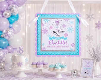Ice Skating Hanging Party Sign, Personalized Figure Skate Birthday Door Sign