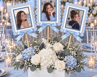 Personalized Quinceañera Photo Centerpiece, Light Blue Silver Mis Quince Table Decor