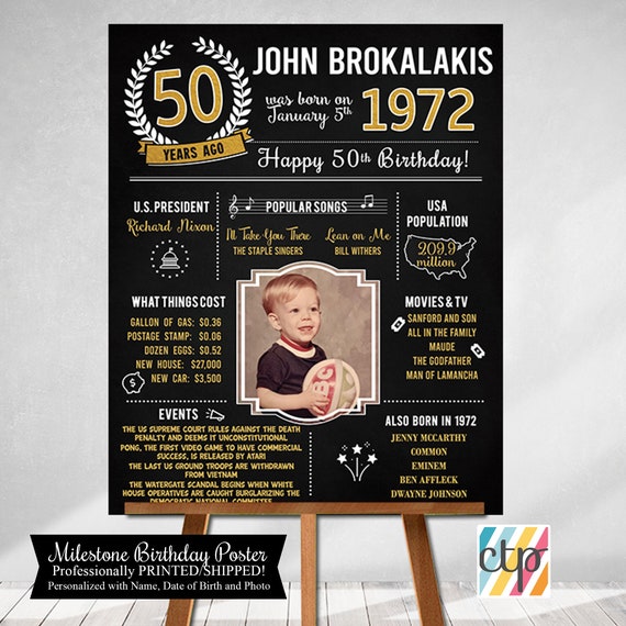 PRINTED 50th birthday poster, Back in 1972, What Happened in 1972, 50th Birthday Decorations, Black and Gold, 50th Party Decor, Vintage 1972 Il_570xn