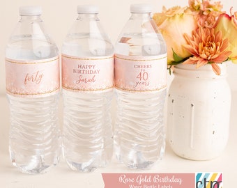 Water Bottle Labels, Water Bottle Stickers, 40th Birthday, Rose Gold, For Her,