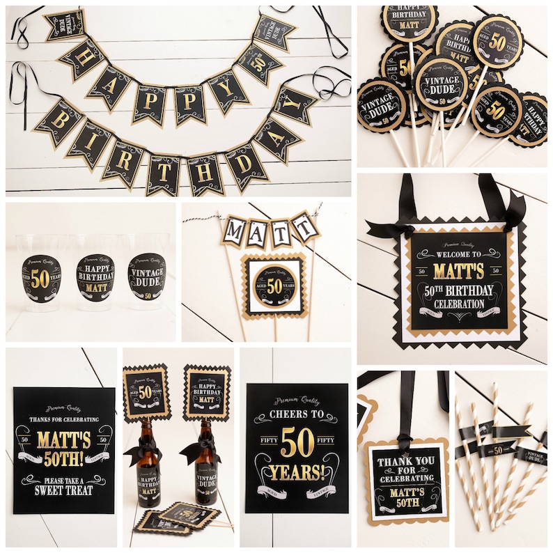 May include: Black and gold 50th birthday party decorations. The set includes a banner, cupcake toppers, welcome sign, favor tags, straws, and beverage labels. The decorations feature a vintage design with gold script and black and white accents.