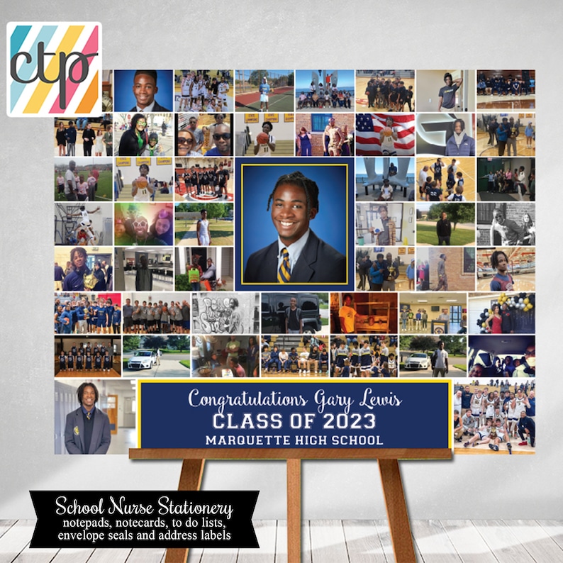 K&ouml;nnte beinhalten: Eine Collage aus Fotos, die einen Absolventen feiern. Die Collage ist in einem blauen und goldenen Rahmen mit dem Text "Congratulations Gary Lewis Class of 2023 Marquette High School".