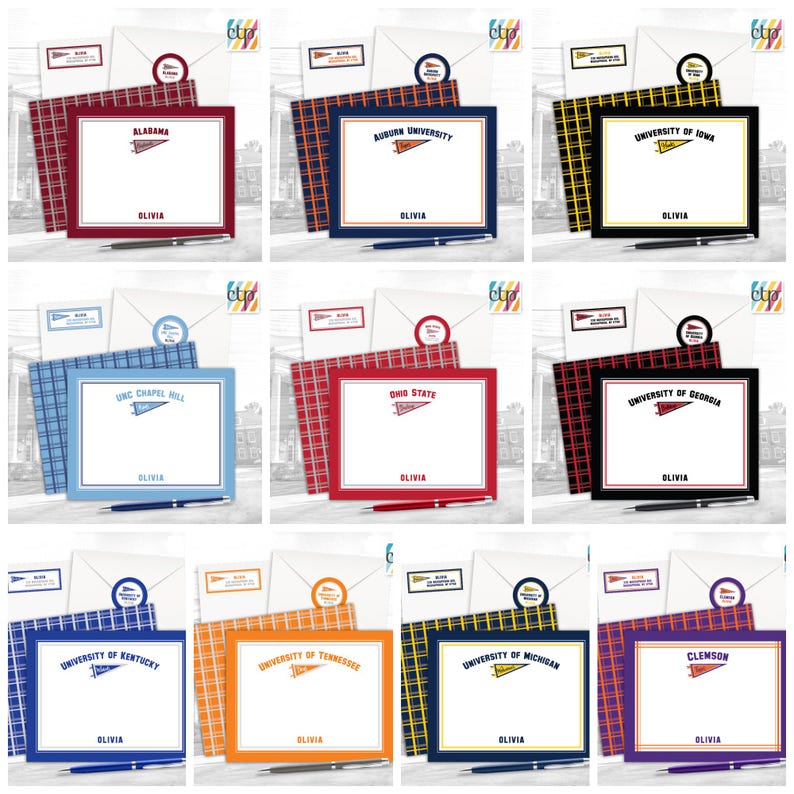 May include: A selection of personalised stationery sets, each displaying a university logo. Each set includes a notepad, envelopes, and a pen. The notepads feature a framed design with the university name and a pennant logo. The sets are in various colours, including red, blue, and yellow.