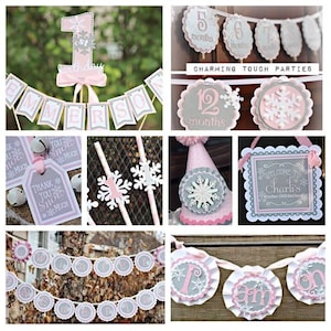 May include: A collection of party decorations in pink, gray, and white, featuring snowflake and winter-themed designs. Includes banners, a birthday cake topper, party hats, and gift tags. The decorations are suitable for a winter-themed birthday or baby shower.