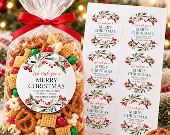 Personalized Christmas Snack Mix Stickers, Holiday Food Gift Labels, Neighbor Treat Packaging