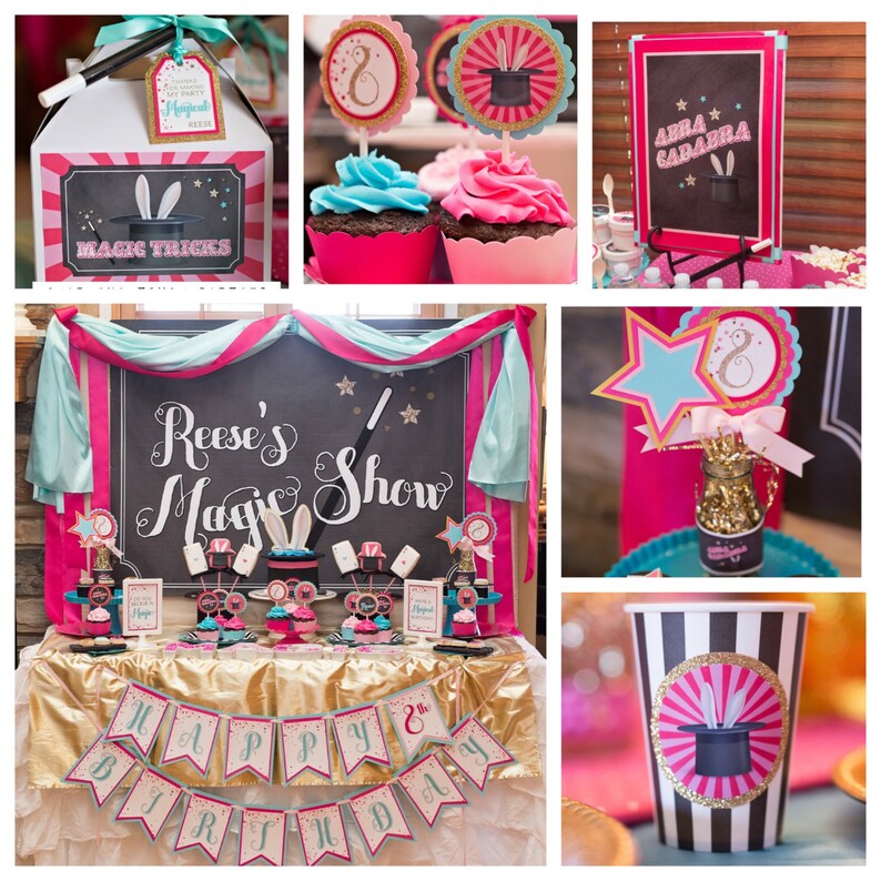 May include: A pink and teal magic show themed birthday party with cupcakes, a banner, and a sign that says "Reese's Magic Show".