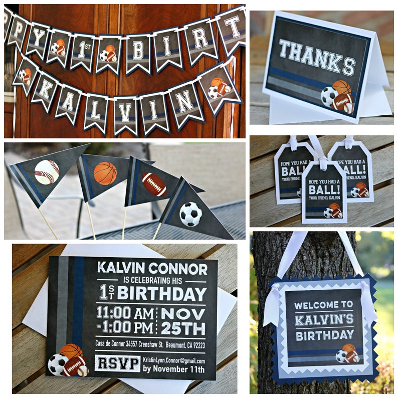 May include: A set of printable party decorations for a sports-themed first birthday party. The decorations include a banner, cupcake toppers, favor tags, and a welcome sign. The colors are black, gray, and blue, with images of baseballs, basketballs, footballs, and soccer balls.