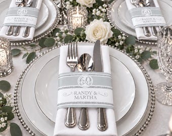 Personalized 60th Anniversary Napkin Wraps, Silver Wedding Utensil Holders
