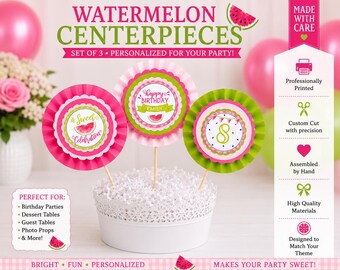 Watermelon Birthday Centerpieces, Personalized Table Decorations, Pink Green Summer Party Decor for Girls