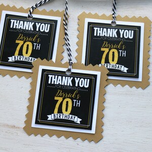 70th Birthday Party Favor Tags, Gift Tags, Thank You Tags, Adult Masculine Birthday Party Decorations, Black and Gold