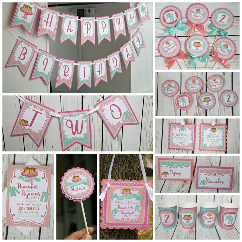 May include: A set of printable party decorations for a pancake and pajamas themed birthday party. The decorations include banners, cupcake toppers, welcome signs, and invitations. The color scheme is pink, teal, and white with a pancake and pajamas theme.